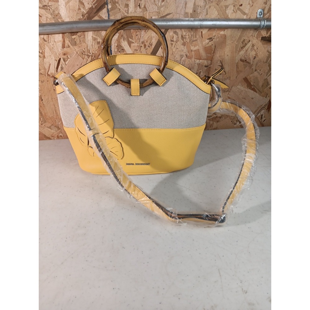 Dana Buchman Yellow Canvas Satchel Bamboo Handle Crossbody‎ Bag Tropical Leaf